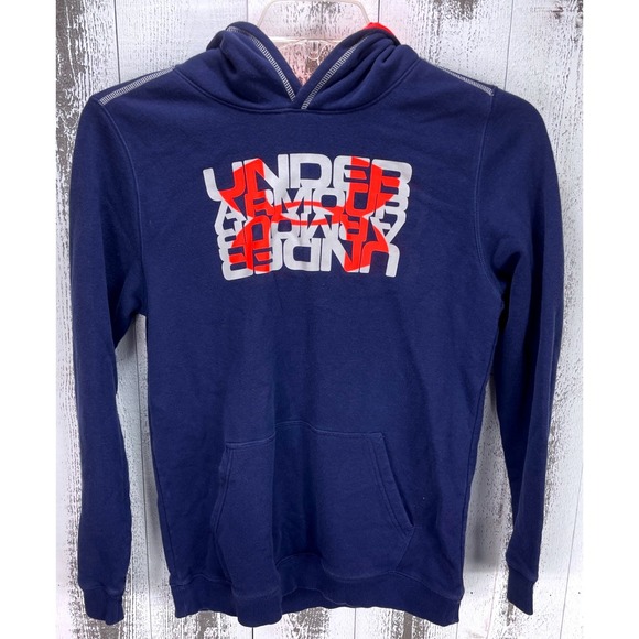Under Armour Boys YXL Hoodie Blue Red Logo Pullover Loose Fit Youth Sweatshirt - Picture 1 of 7